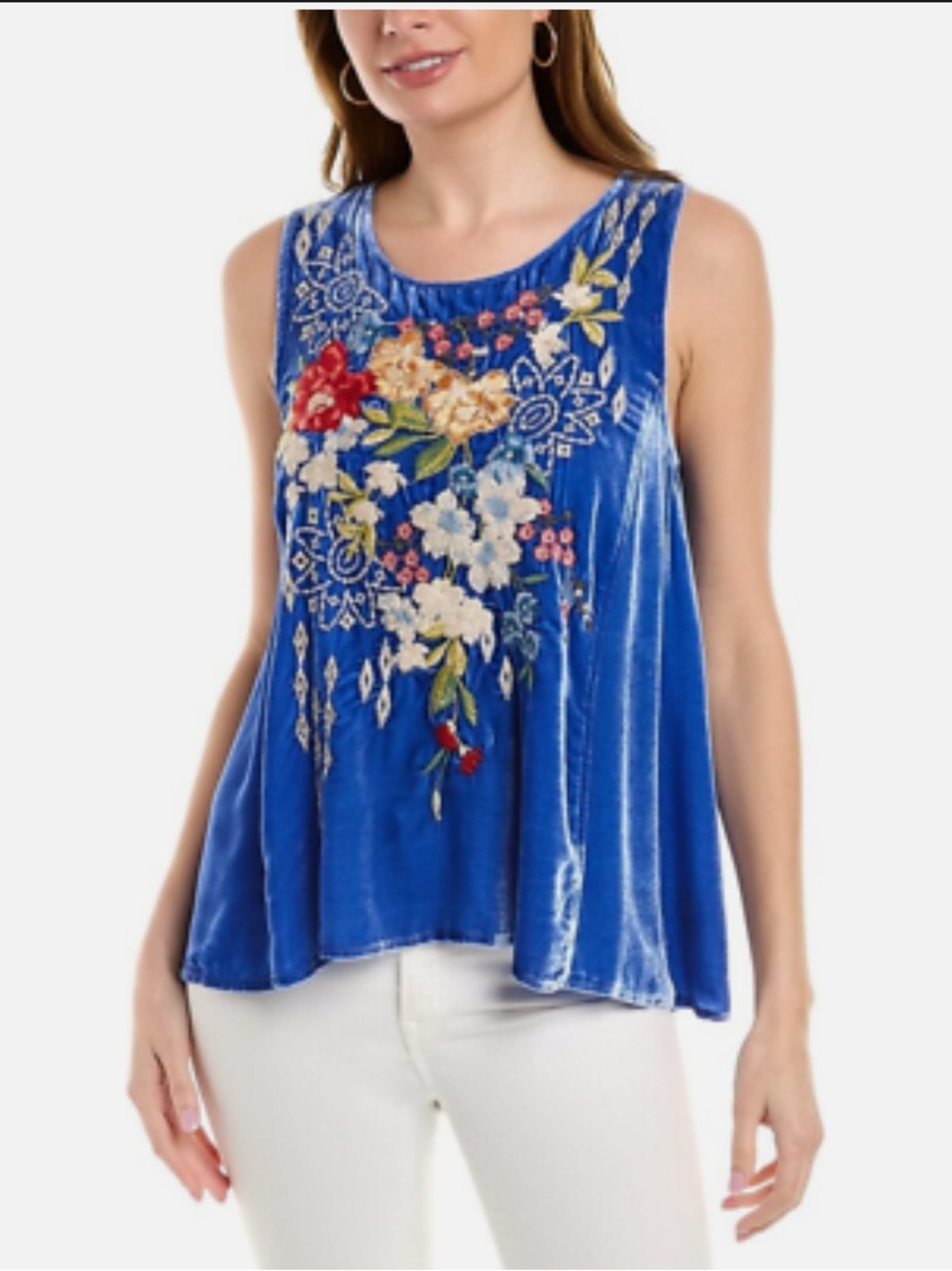 Johnny Was Josephine Embroidered Blue Velvet Swing Tank XS